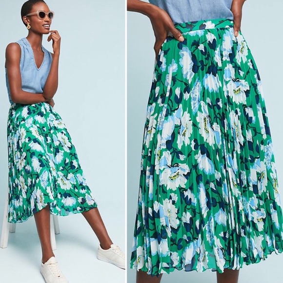 Anthropologie Dresses & Skirts - Anthropologie Maeve Claremont Pull On Pleated Midi Skirt Green Floral Size Small